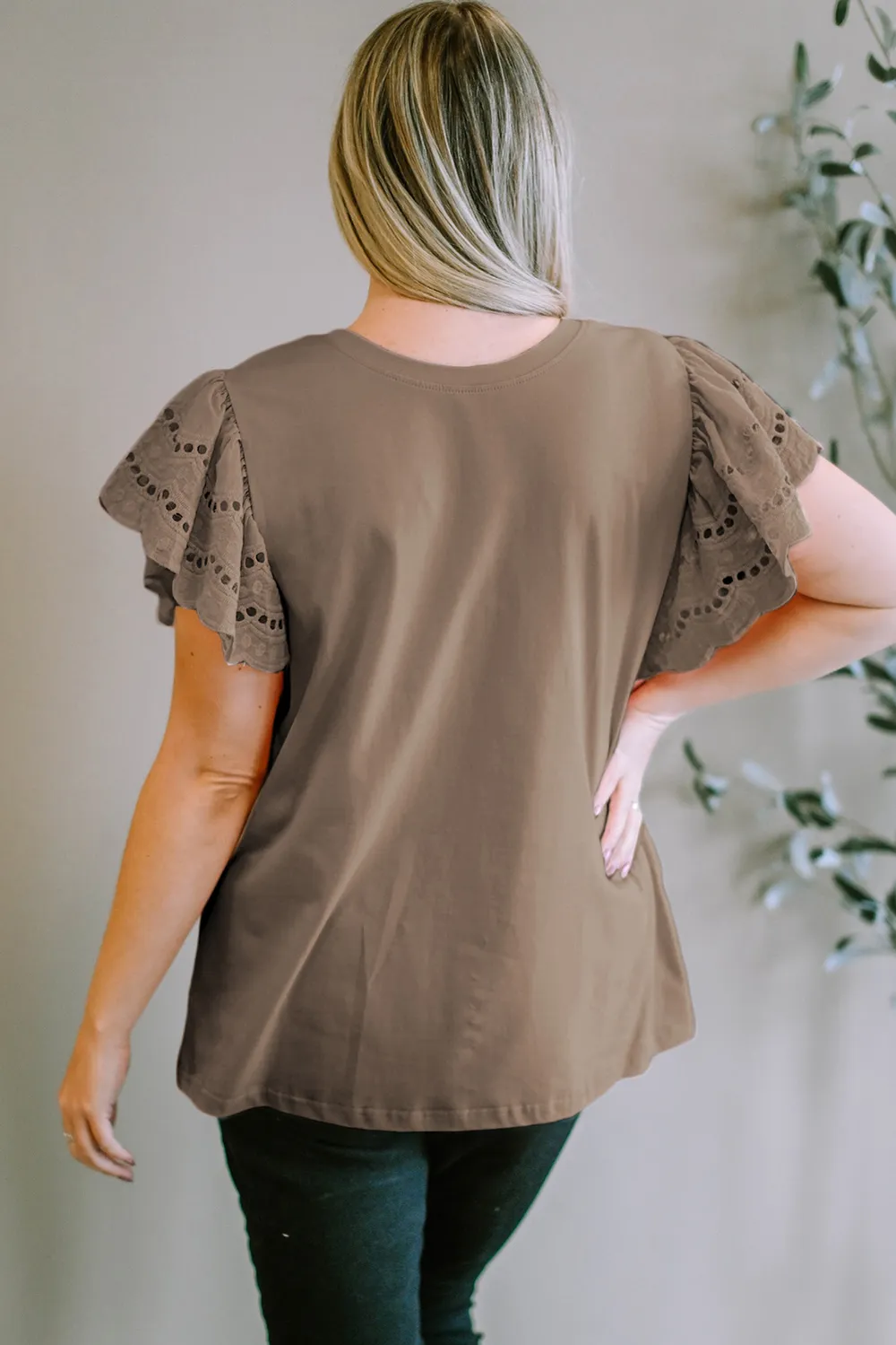 Plus Size Eyelet Round Neck Short Sleeve Blouse, image 2