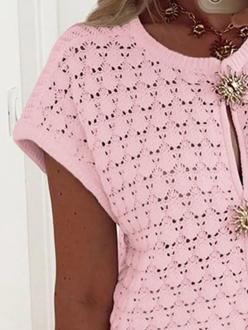Crochet Short Sleeve Button Front Cardigan, image 11