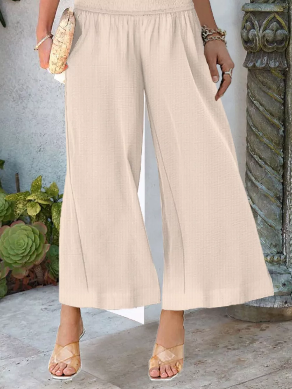 Wide-Leg Smocked Waist Pants, image 5