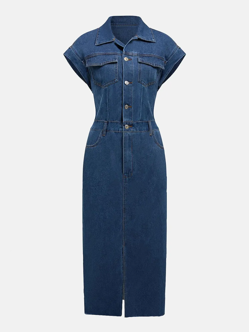 Slit Half Button Collared Neck Cap Sleeve Denim Dress, image 11