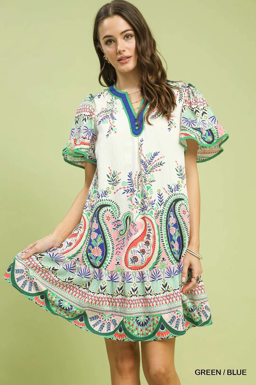 Paisley Flutter Sleeve Mini Dress