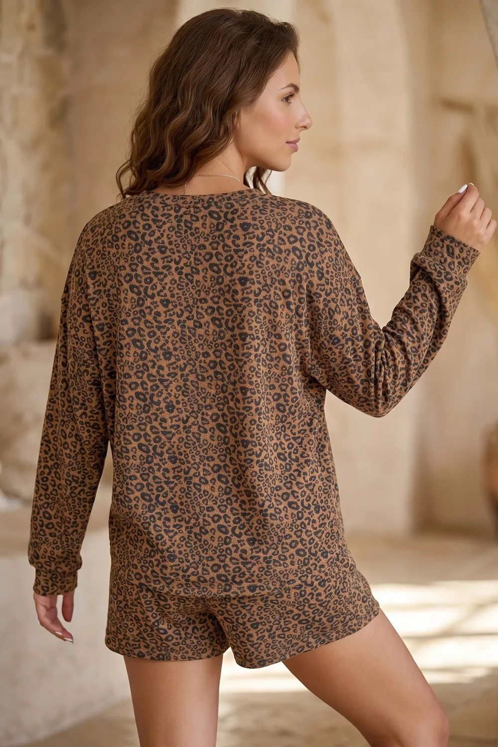 Leopard Print Long Sleeve Henley Top Elastic Waist Shorts 2pcs Outfit, image 2