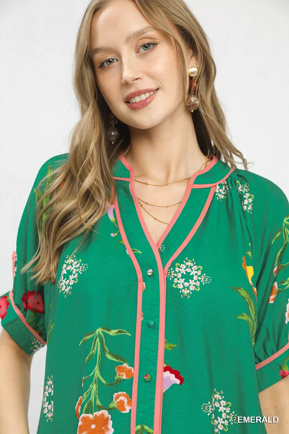 Botanical Print Contrast Trim Button Blouse, image 2