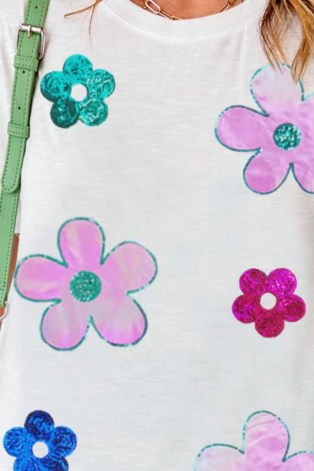 Flower Round Neck Short Sleeve T-Shirt, image 2
