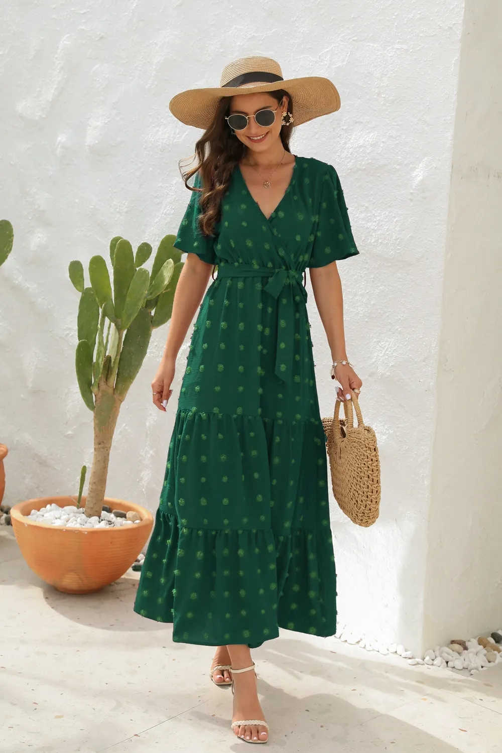 Swiss Dot Tied Surplice Short Sleeve Dress, image 4
