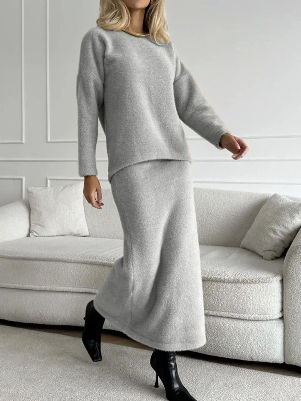 Round Neck Dropped Shoulder Top and Midi Skirt Sweater Set, image 2