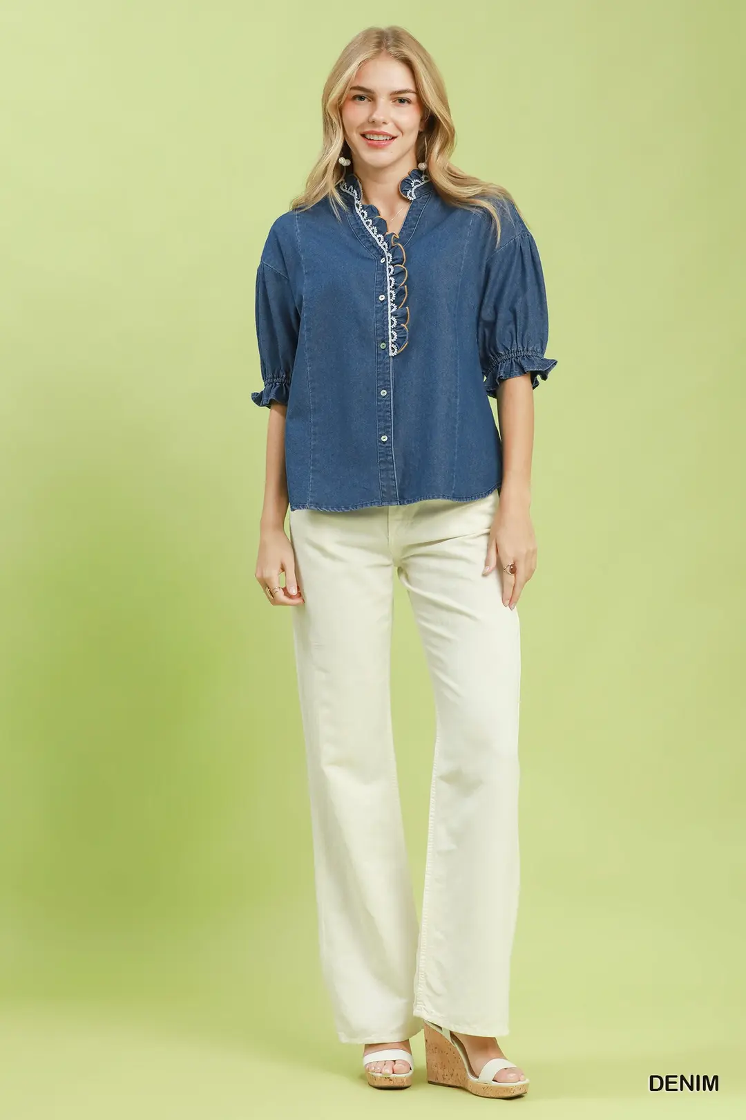 Chambray Scalloped Trim Button Front Blouse, image 5