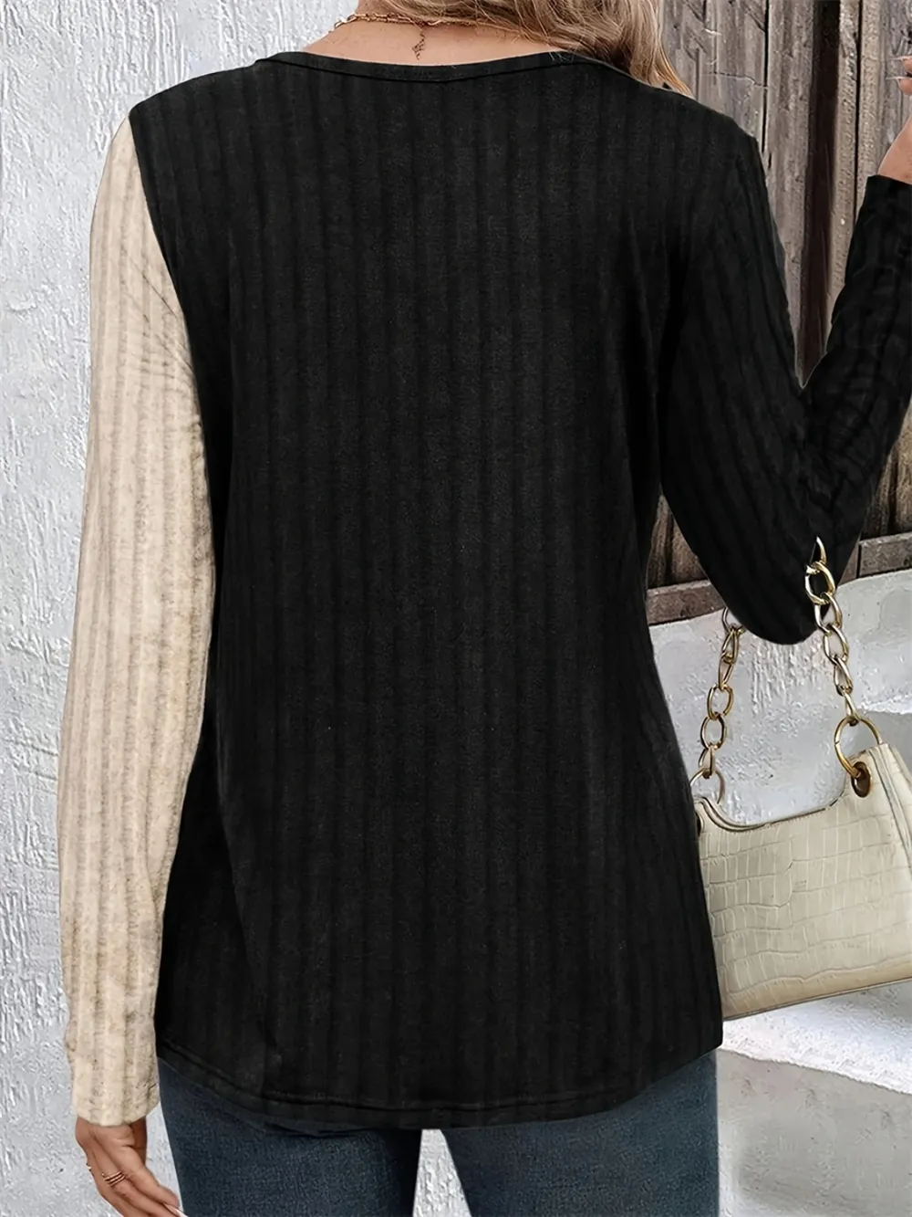 Decorative Button Contrast Round Neck Long Sleeve T-Shirt, image 2
