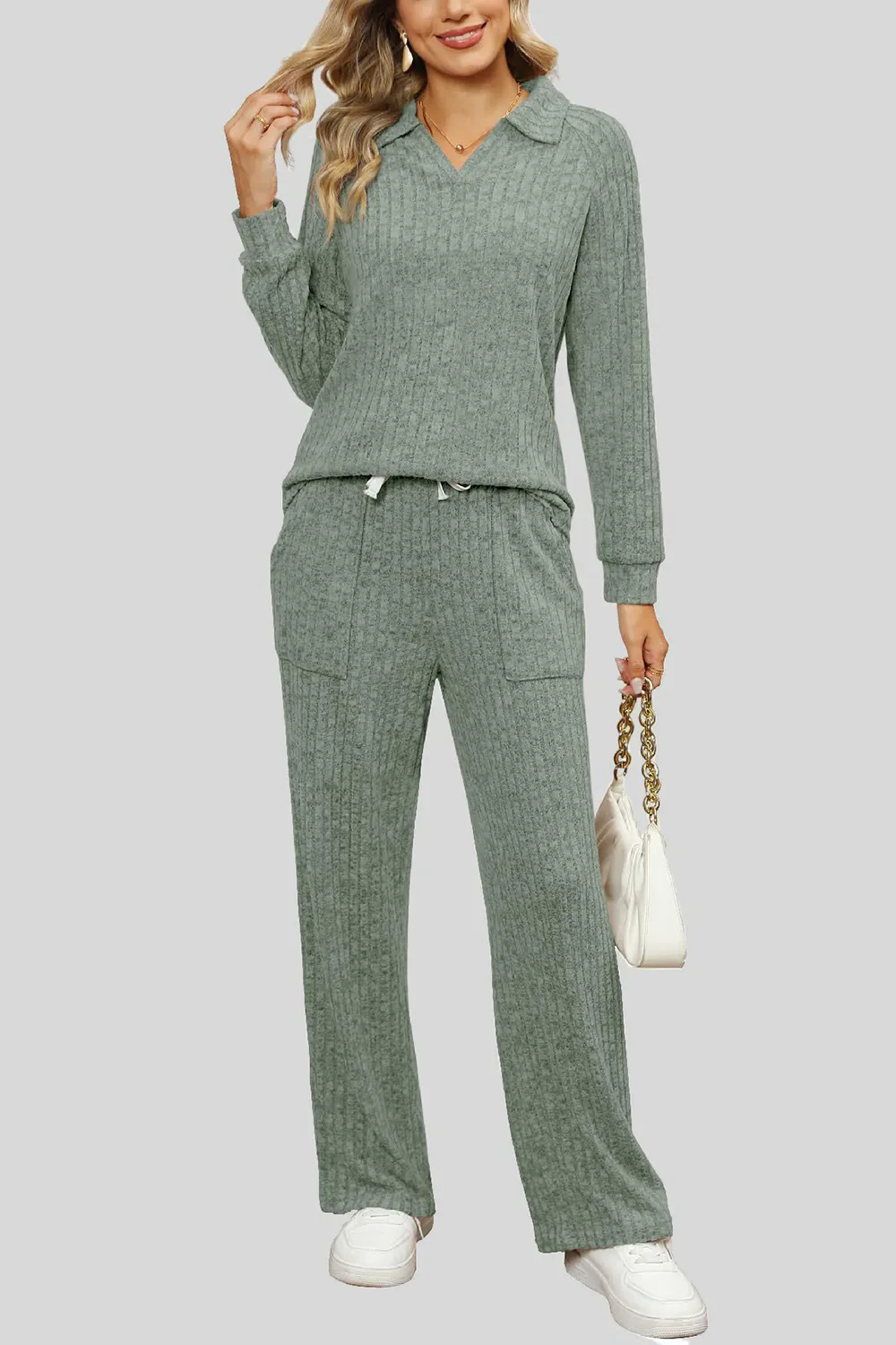 Ribbed Long Sleeve Top and Pocketed Pants Set, image 16