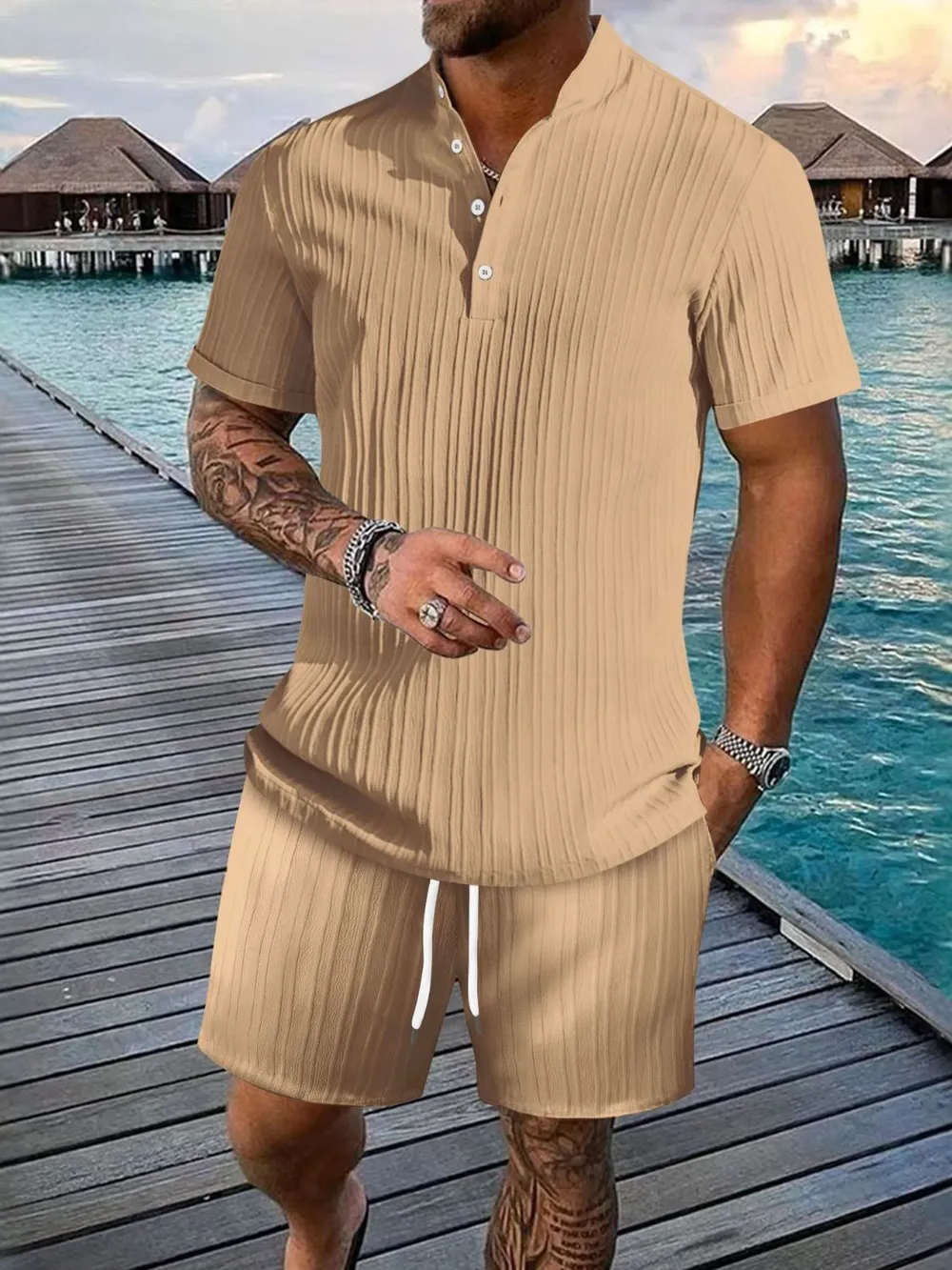 Men's Full Size Button Detail Short Sleeve Top and Shorts Set Plus Size, image 2