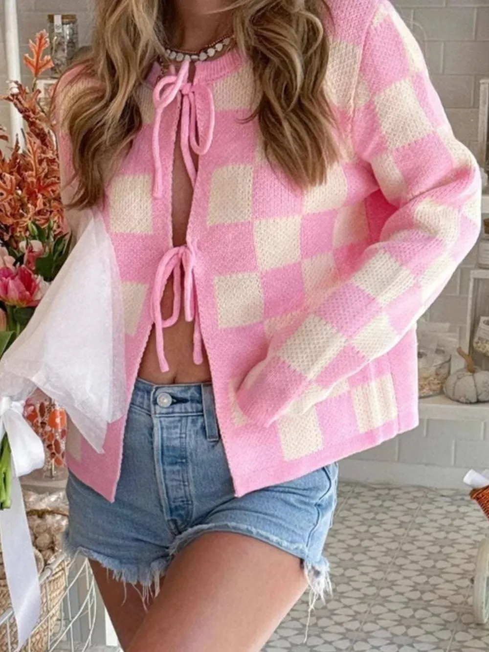 Checkered Tie-Front Cropped Cardigan, image 2