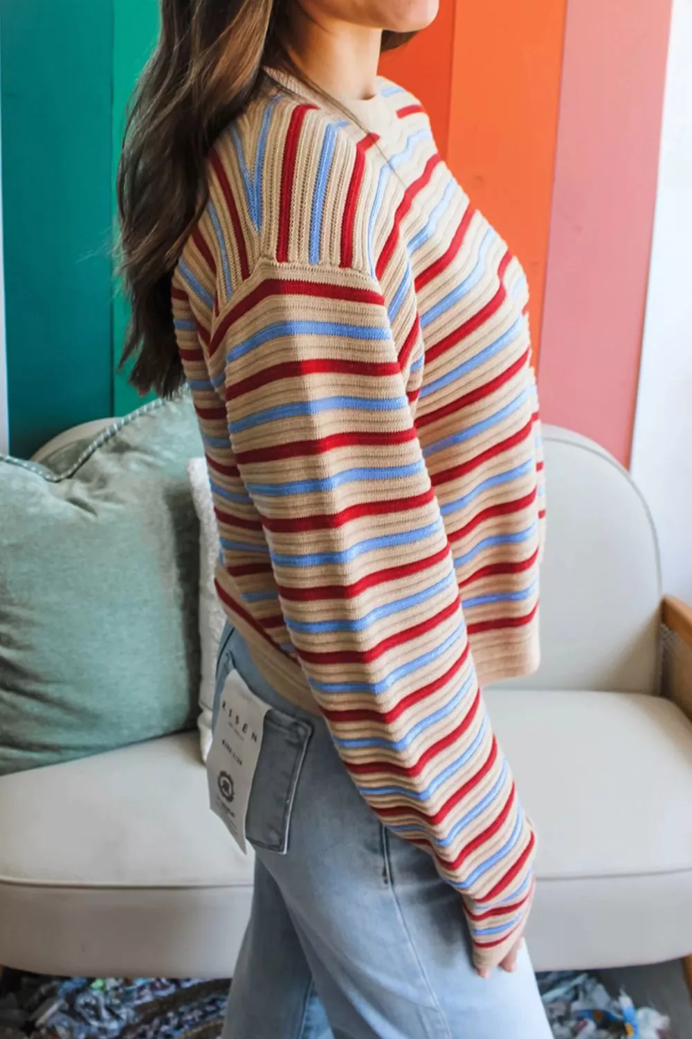 Striped Long Sleeve Round Neck Sweater, image 2
