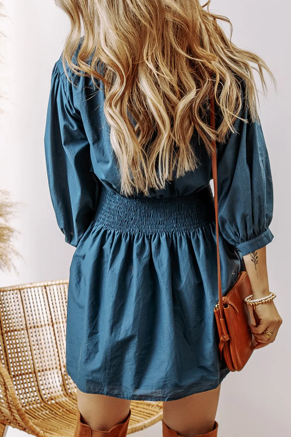 Smocked Half Button Three-Quarter Sleeve Mini Dress, image 2