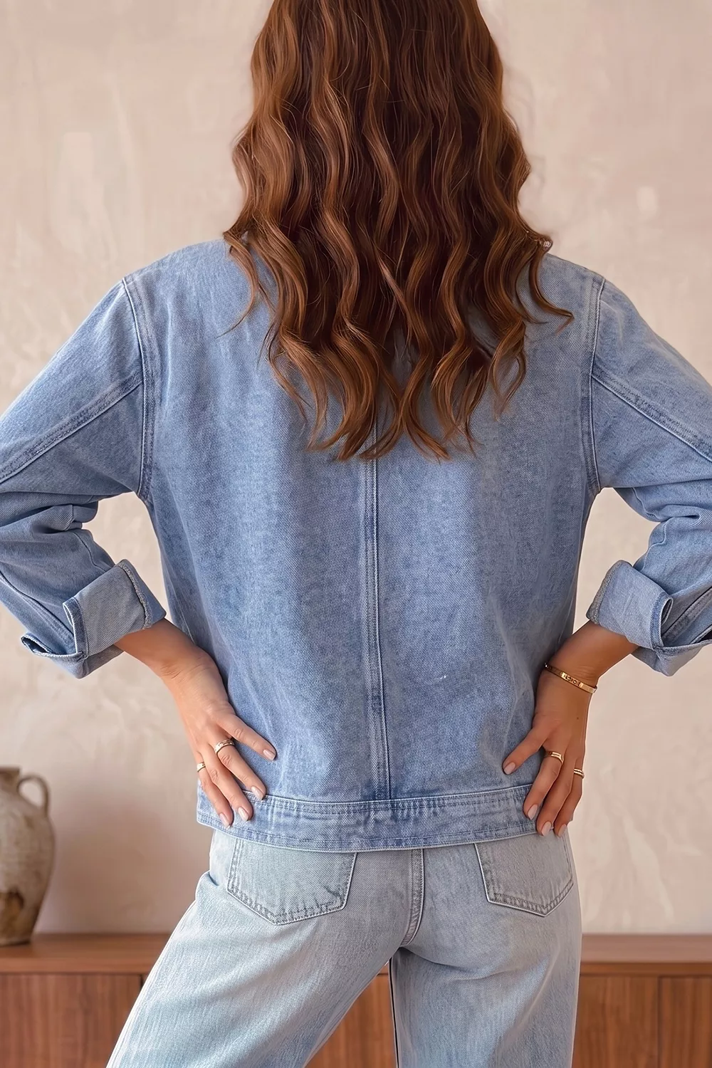 Studded Metal Zipper Rivet Pockets Long Sleeve Denim Jacket, image 2