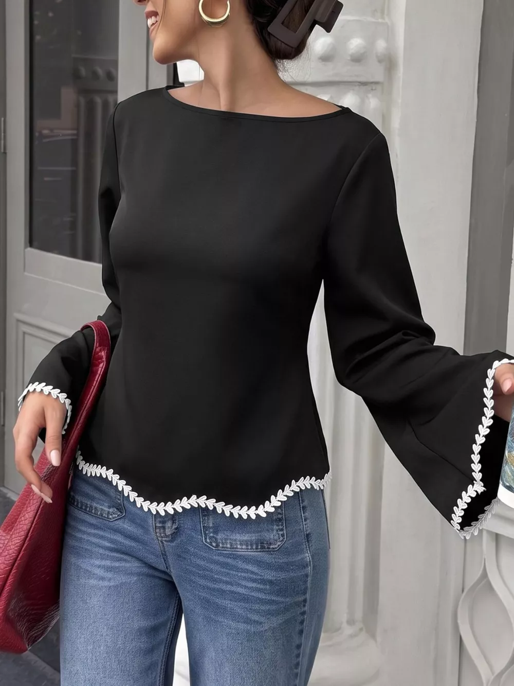 Contrast Trim Flare Sleeve Blouse, image 3
