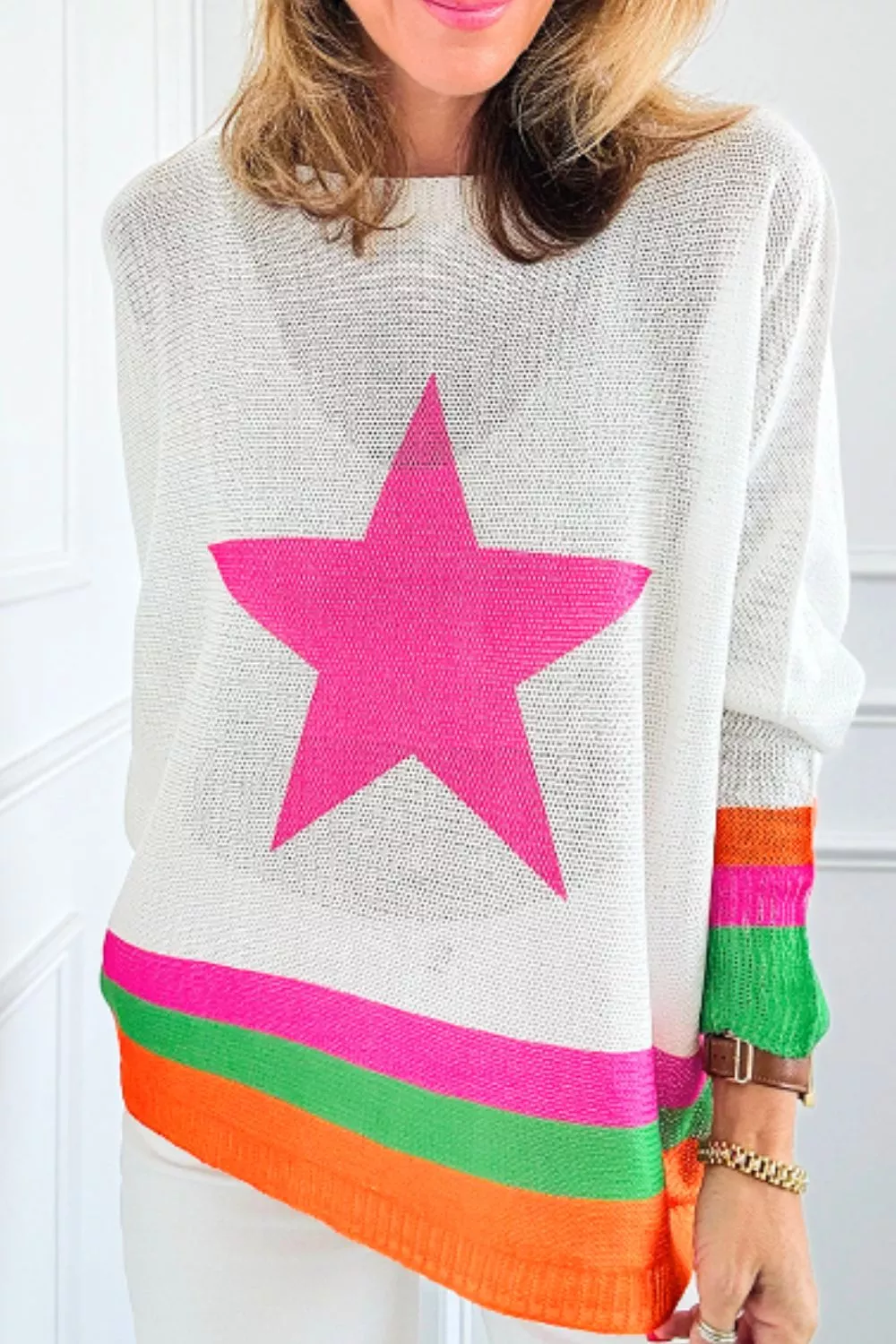 Star Contrast Round Neck Long Sleeve Knit Top, image 2