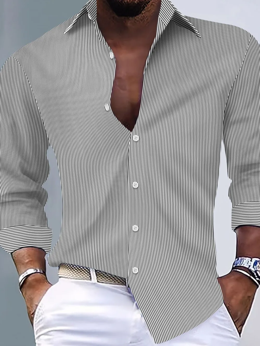 Men's Full Size Striped Button Up Long Sleeve Shirt Plus Size, image 3
