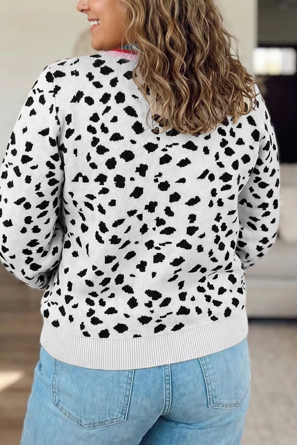 Plus Size Leopard Print Colorblock Round Neck Long Sleeve Tunic Sweater, image 3