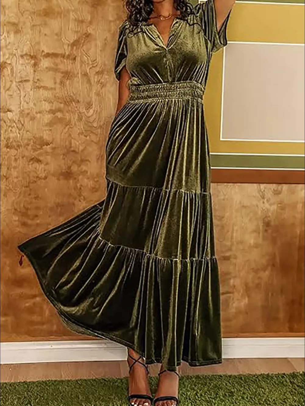 Velvet Tiered Short Sleeve Maxi Dress, image 13