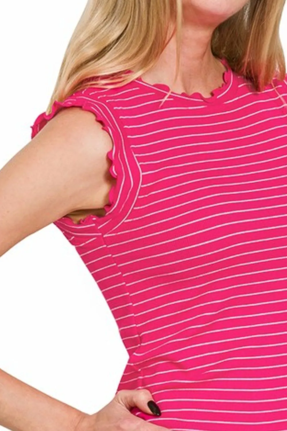 Ribbed Ruffle Trim Sleeveless Stripe Top, image 2