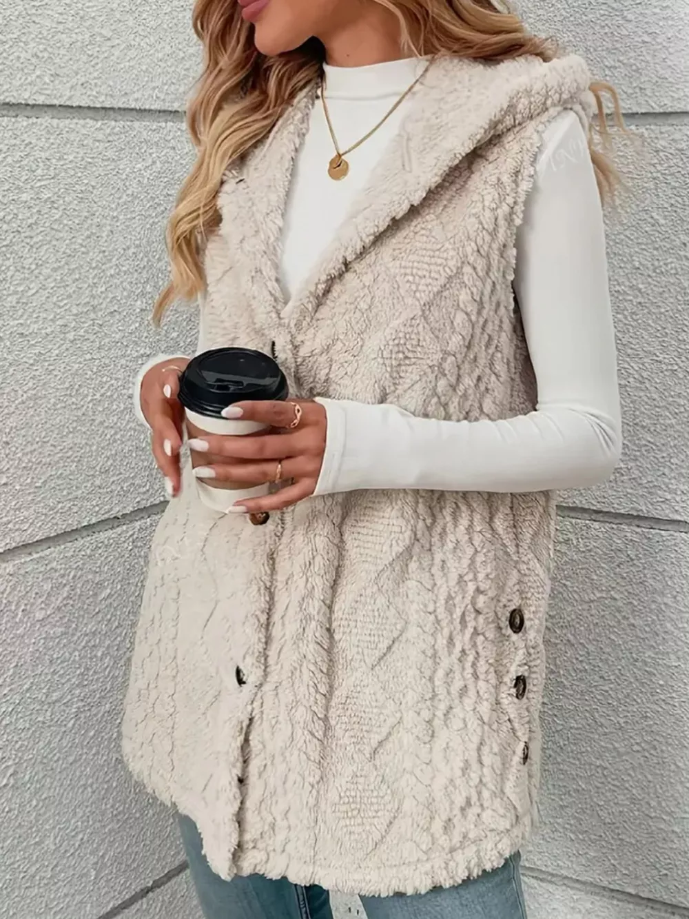 Button Up Plush Hooded Vest Coat, image 4