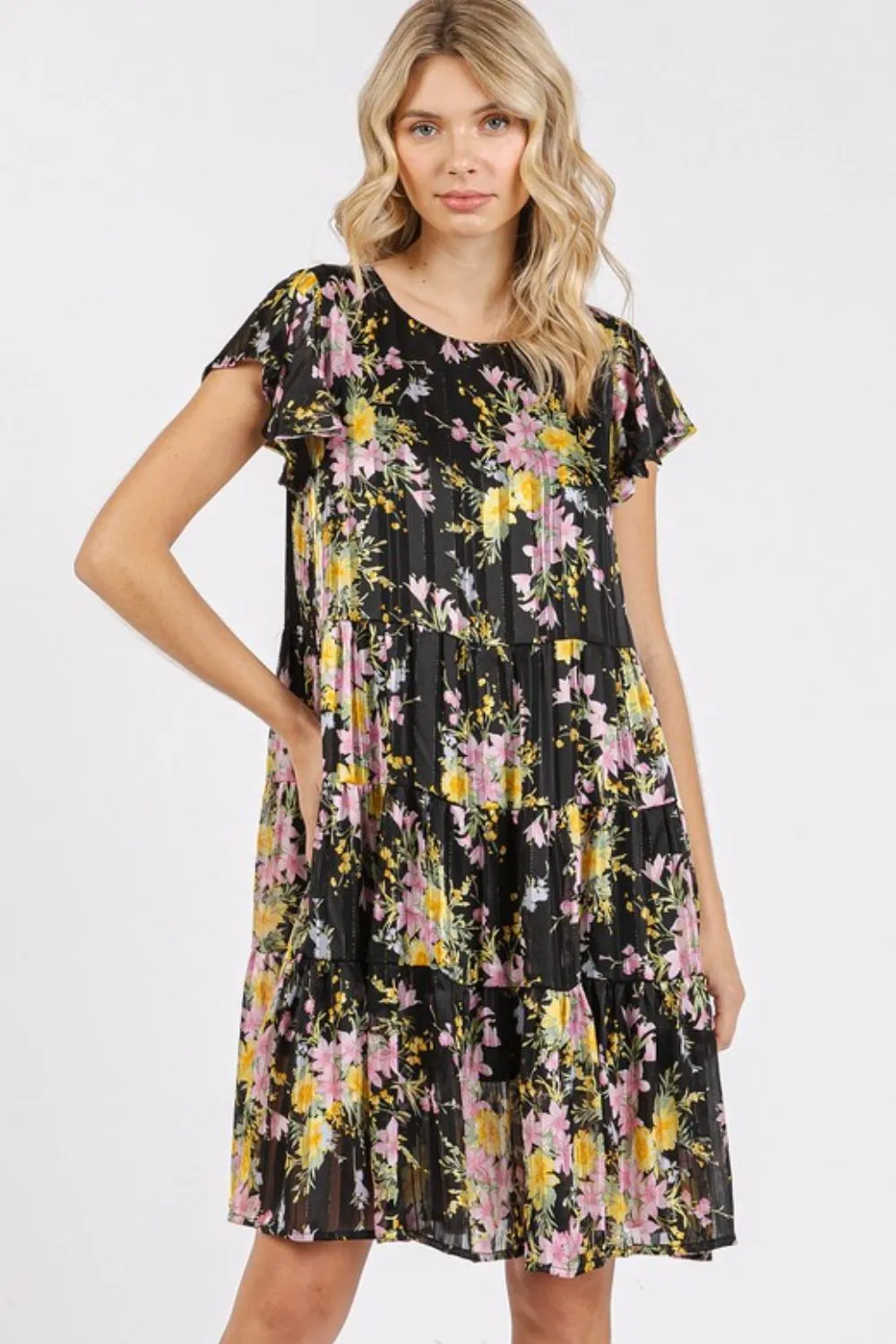 Flower Print Round Neck Flutter Sleeve Tiered Dress, image 2