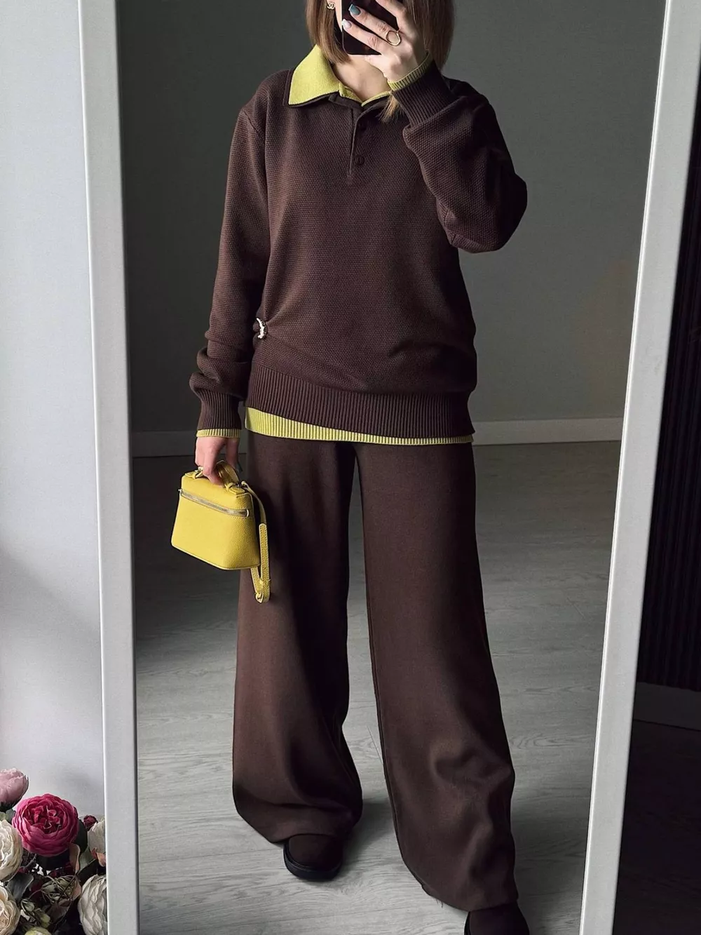 Polo Collar Top and Pants or Skirt Knit Set