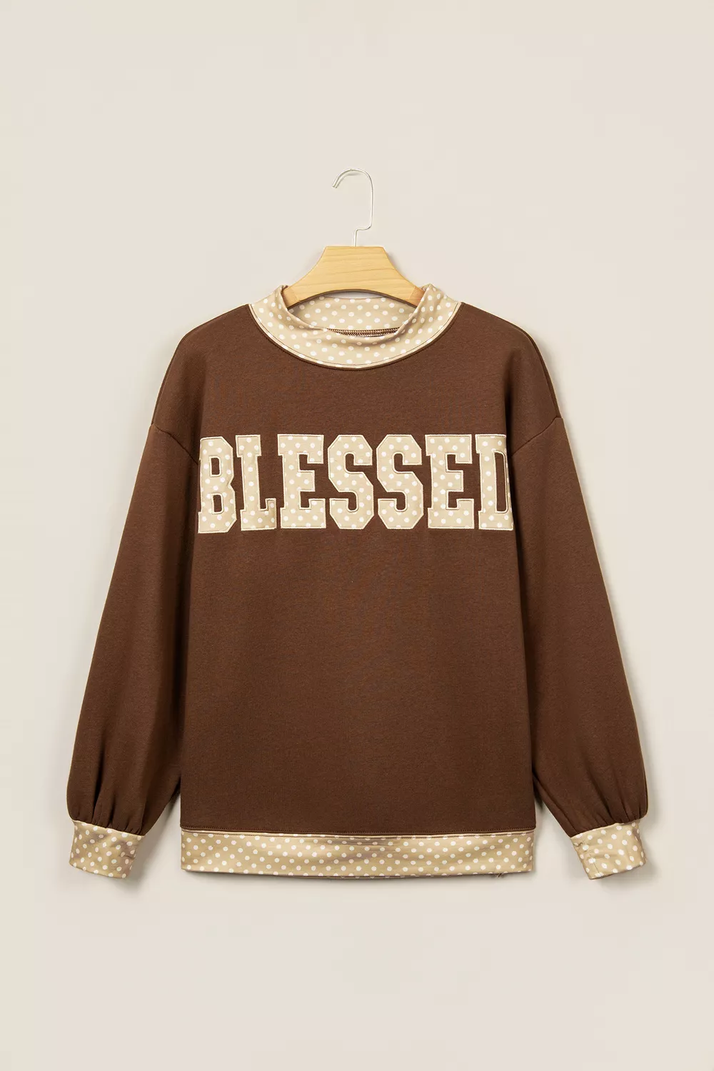 Polka Dot Trim High Neck BLESSED Letter Graphic Baggy Sweatshirt, image 2