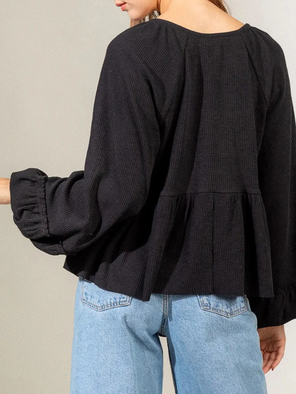 Notched Balloon Sleeve Peplum Blouse, image 5
