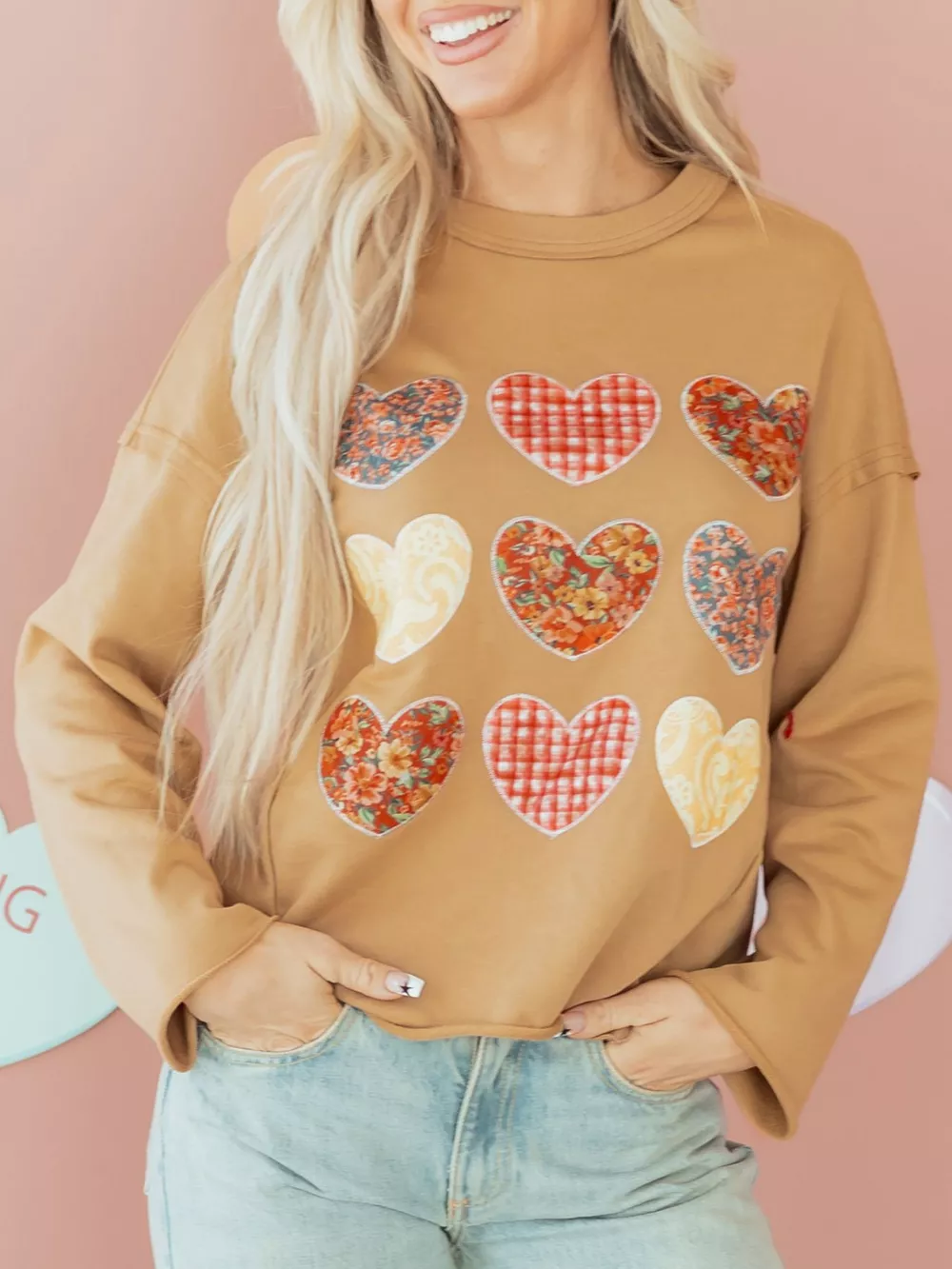 Plaid Floral Heart Stitched Exposed Seam Mineral Wash Sweatshirt, image 3