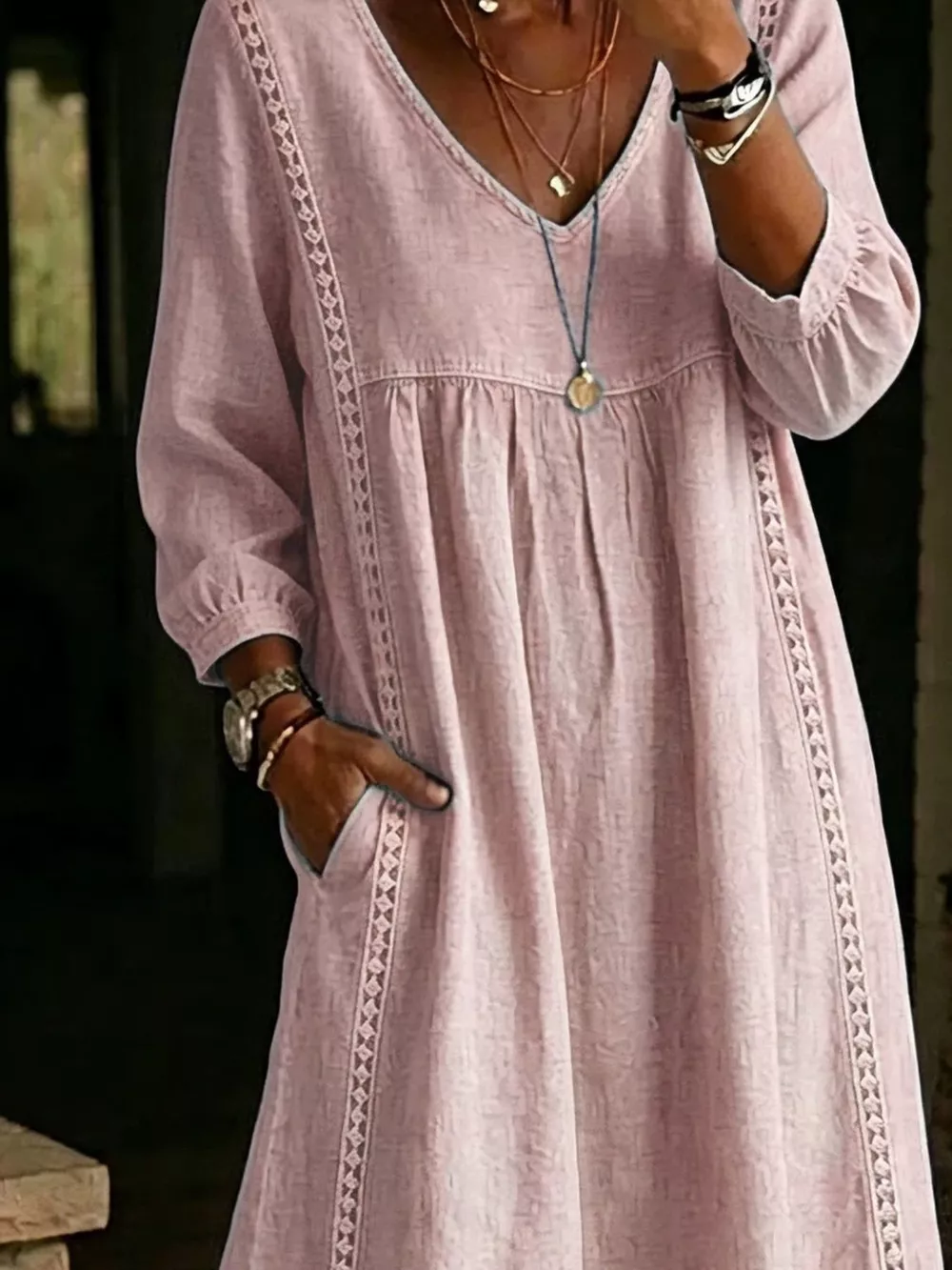 Full Size Lace Trim Long Sleeve Midi Dress Plus Size, image 4