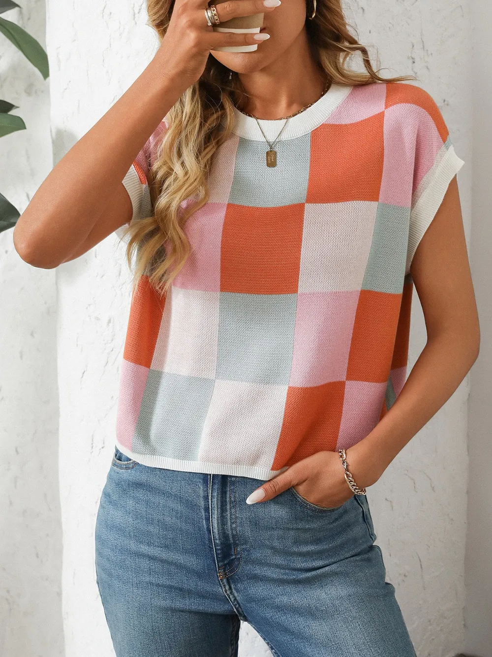 Checkered Round Neck Cap Sleeve Knit Top, image 3