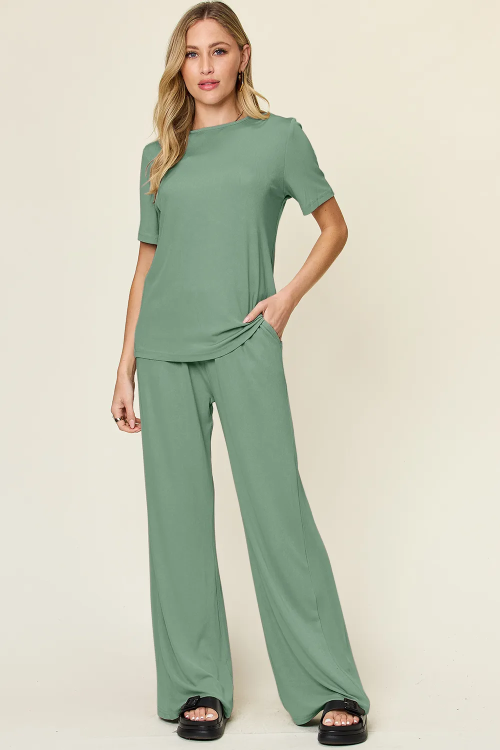 Full Size Round Neck Short Sleeve T-Shirt and Wide Leg Pants Set, image 3