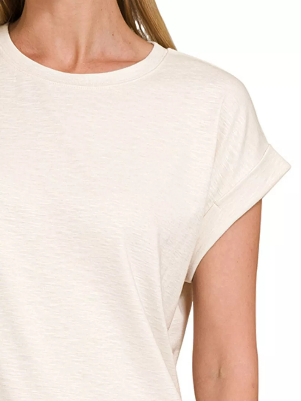 Full Size Cotton Modal Slub Rolled Sleeve T-Shirt Plus Size, image 2