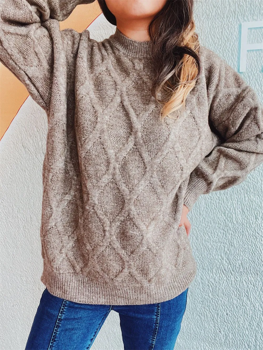 Diamond Round Neck Long Sleeve Sweater, image 5
