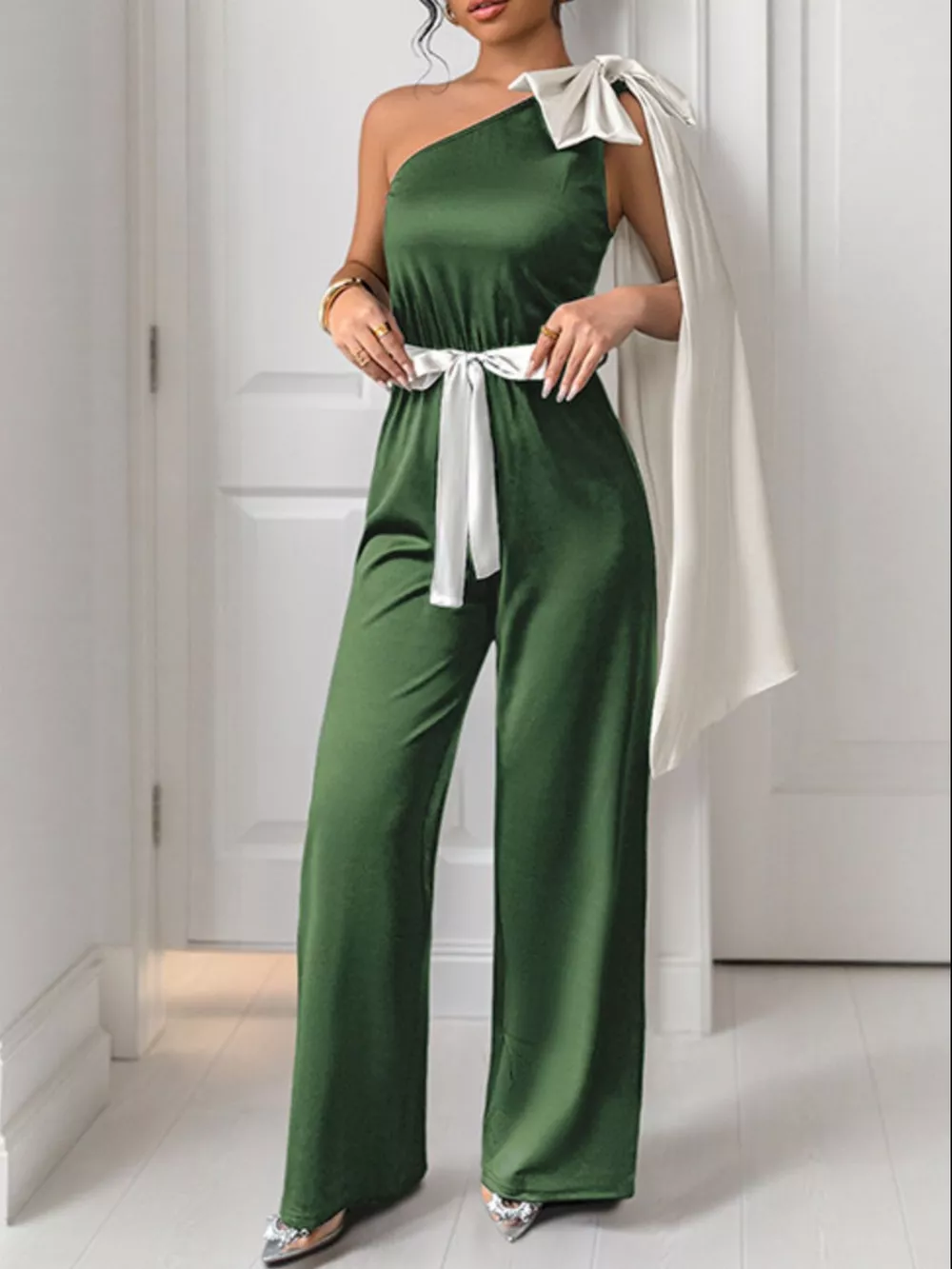 One-Shoulder Bowknot Wide Leg Jumpsuit, image 2