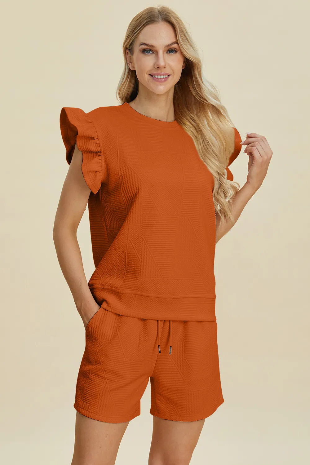 Full Size Texture Round Neck Ruffle Sleeve Top and Shorts Set, image 4