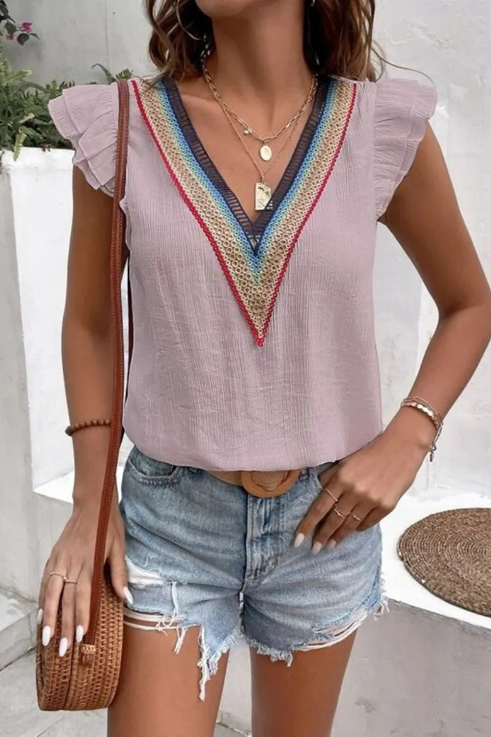 Full Size Ruffled V-Neck Cap Sleeve Blouse, image 17