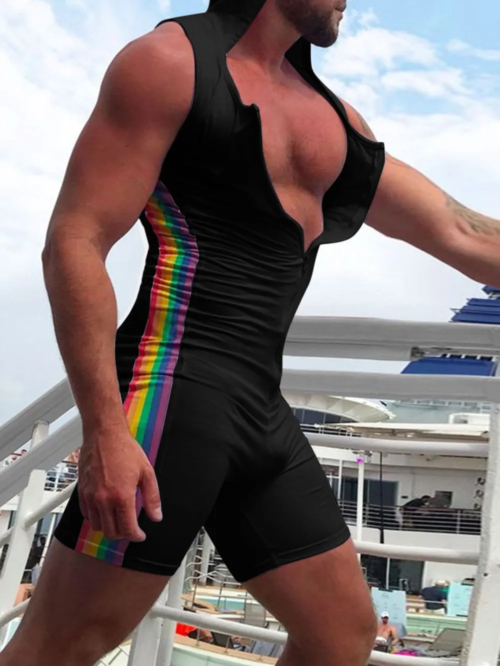 Men's Full Size Contrast Zip Front Sleeveless Active Romper Plus Size, image 4