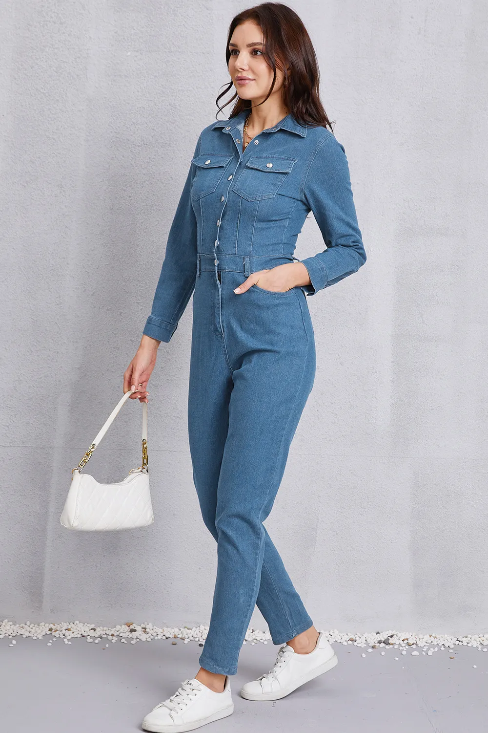 Snap Down Denim Jumpsuit with Pockets, image 4