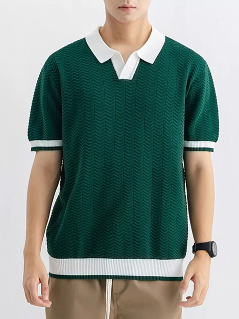 Men's Plus Size Textured Knit Polo with Contrast Trim, image 7
