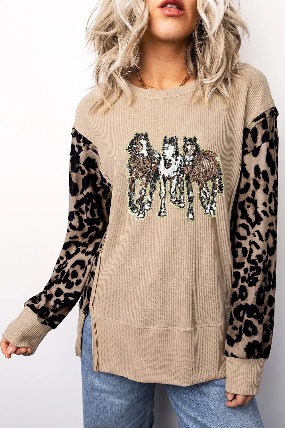 Sequined Western Horse Graphic Leopard Sleeve Patchwork Waffle Knit Top, image 2