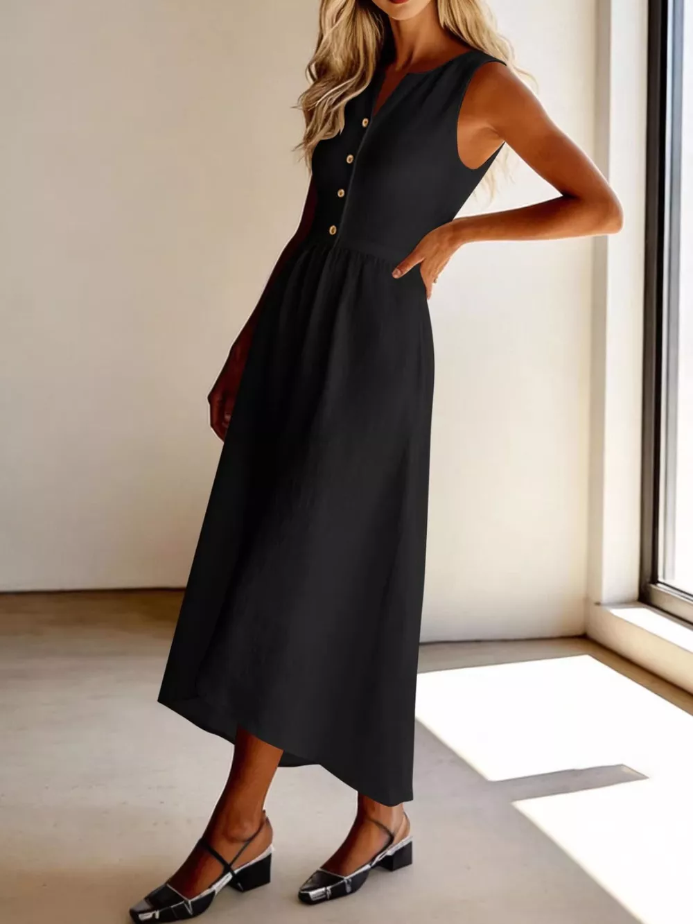 Sleeveless Button Front Flowy Midi Dress, image 2
