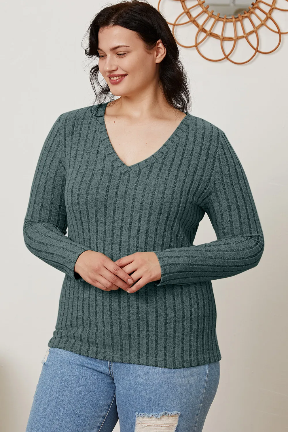Full Size Ribbed V-Neck Long Sleeve T-Shirt, image 2
