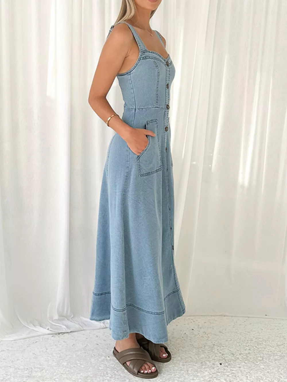 Decor Button Front A-Line Denim Dress, image 2