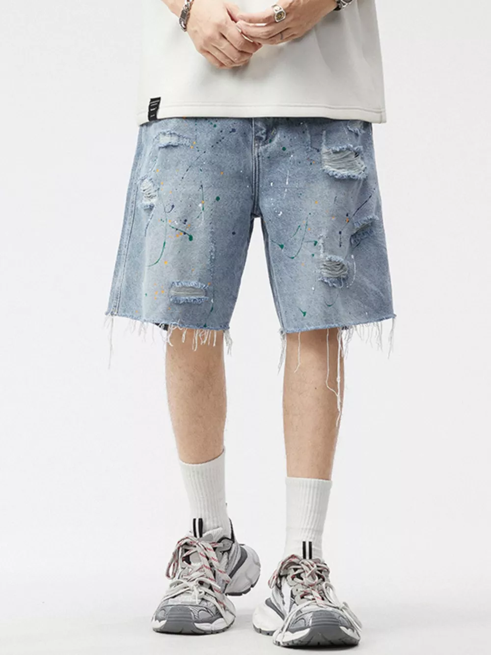 Men's Distressed Paint Splatter Denim Shorts, image 4