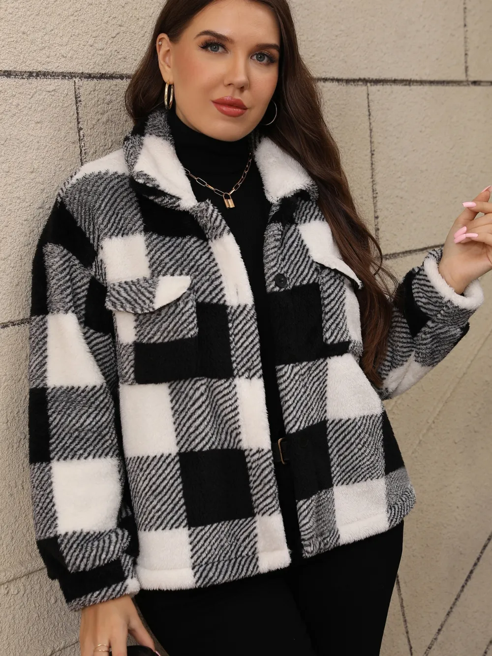 Plus Size Pocketed Plaid Collared Neck Jacket, image 2