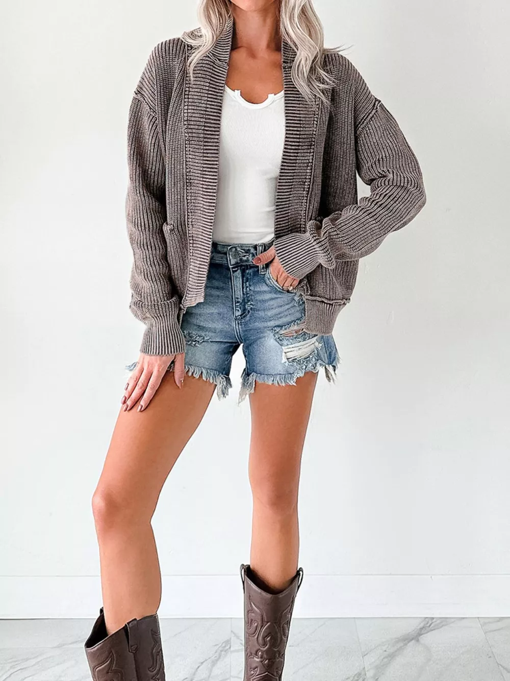 Mineral Wash Exposed Seam Patchwork Knit Open Sweater Cardigan, image 2
