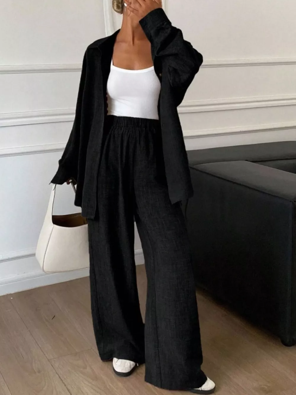 Button Up Long Sleeve Shirt and Wide Leg Pants Set, image 19