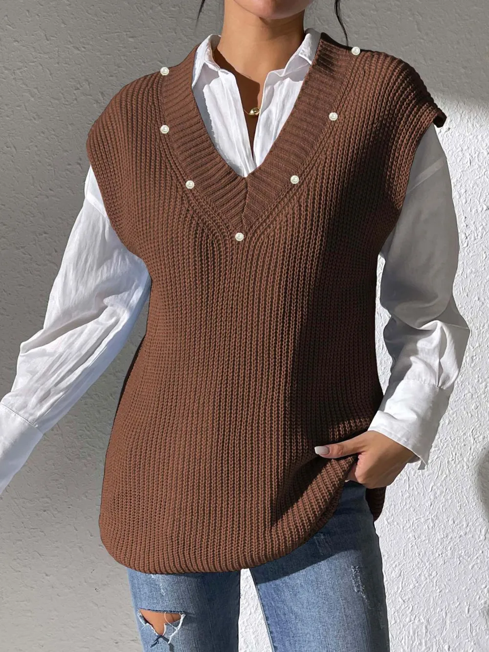 Pearl Trim V-Neck Sweater Vest, image 2